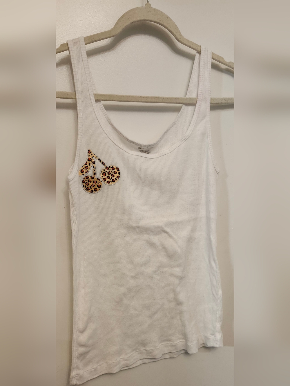Hand Crafted White Tank Top with Leopard Cherry Patch